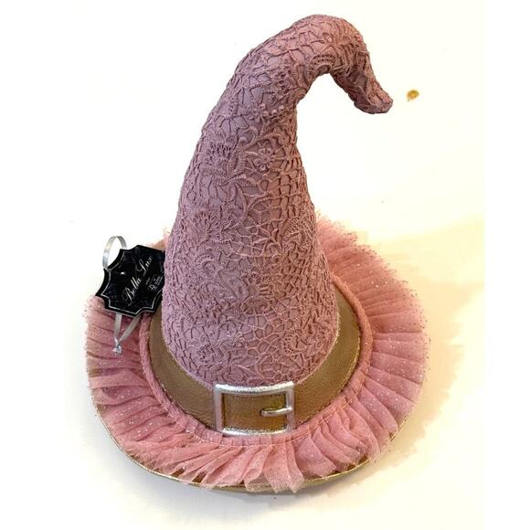 Whimsical Glam Pink Witch Hat Halloween Decor Lace Tulle Gold Trim Bella Lux - Picture 2 of 6
